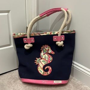 Spartina 449 Navy Tote with Pink Trim and Multicolor Seahorse